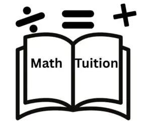 Black and white Maths Tuition icon featuring an open book, mathematical symbols and the words Math Tuition.