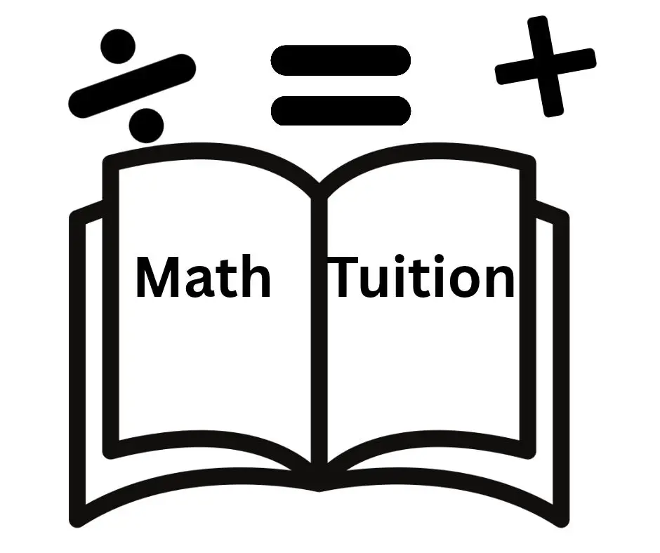 Black and white Maths Tuition icon featuring an open book, mathematical symbols and the words Math Tuition.