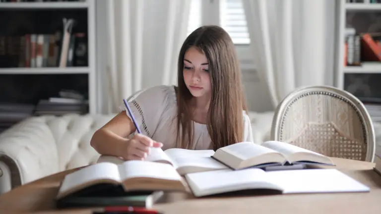 GCSE student studying English Literature with a book, notebook and highlighters.